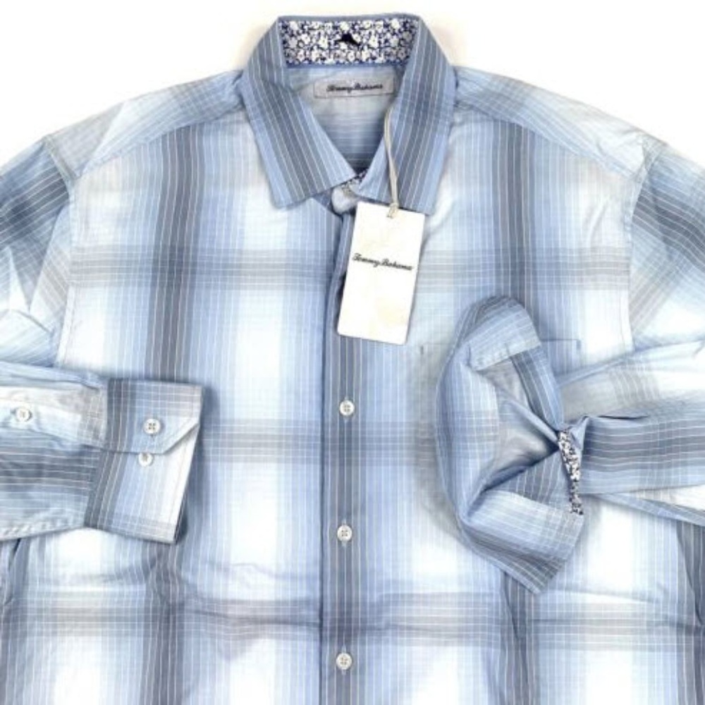 Tommy Bahama Shirt Ombre Plaid Sky Silk Medium